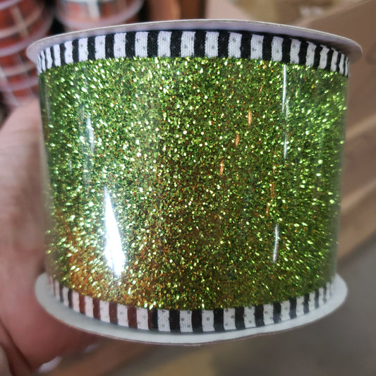 2.5" x 10 yds  green glitter striped edge wired ribbon