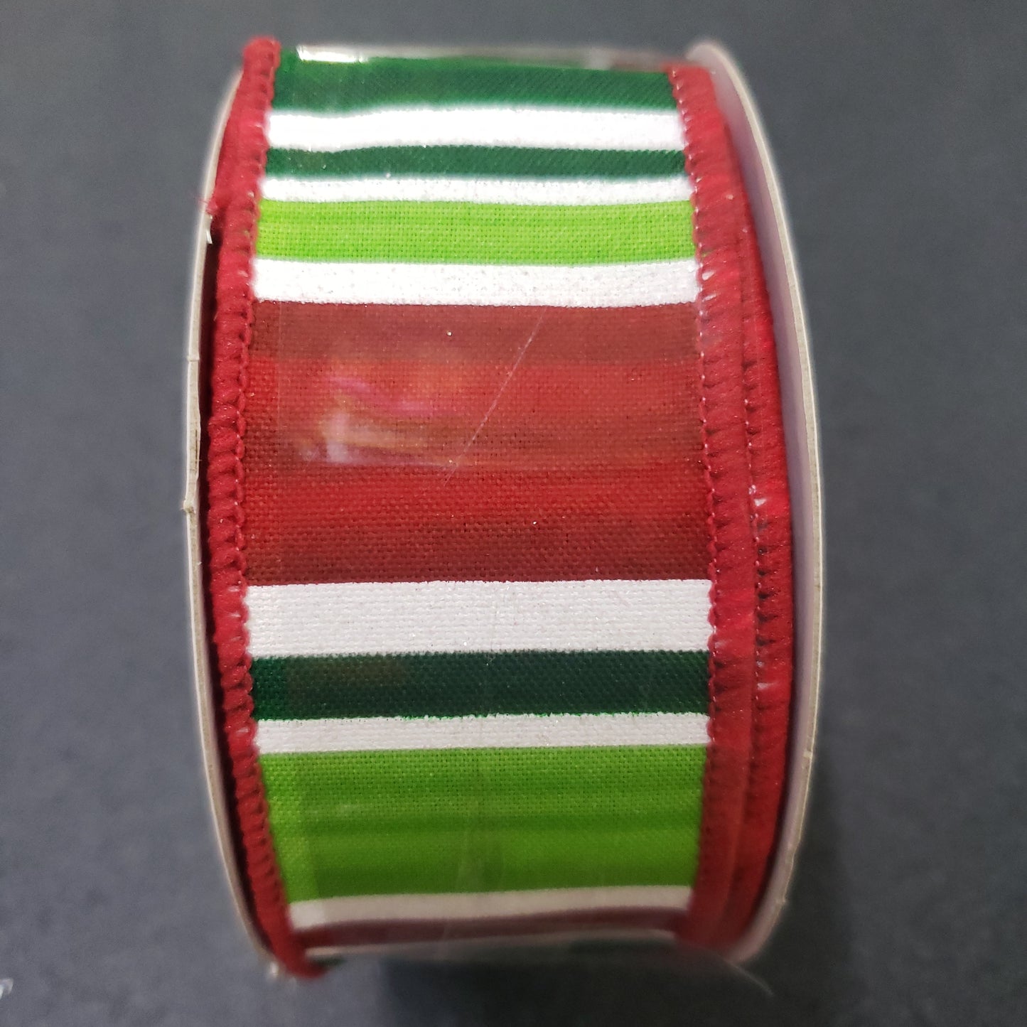 1.5" x 10 yds green white and red Christmas stripes wired ribbon