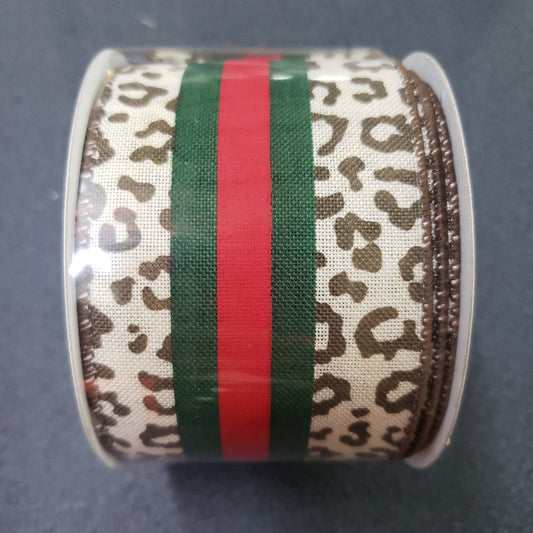 2.5” x 10 yds animal print red and green stripe wired ribbon