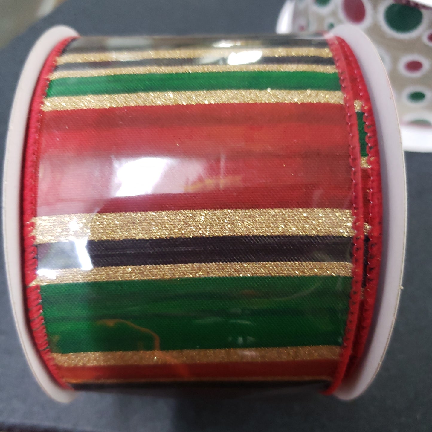 2.5" x 10 yard red green gold horizontal striped ribbon