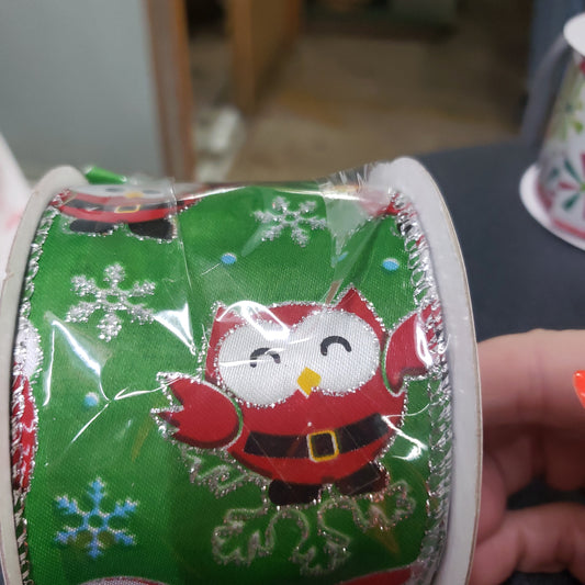 2.5" x 10 yard Christmas owl ribbon