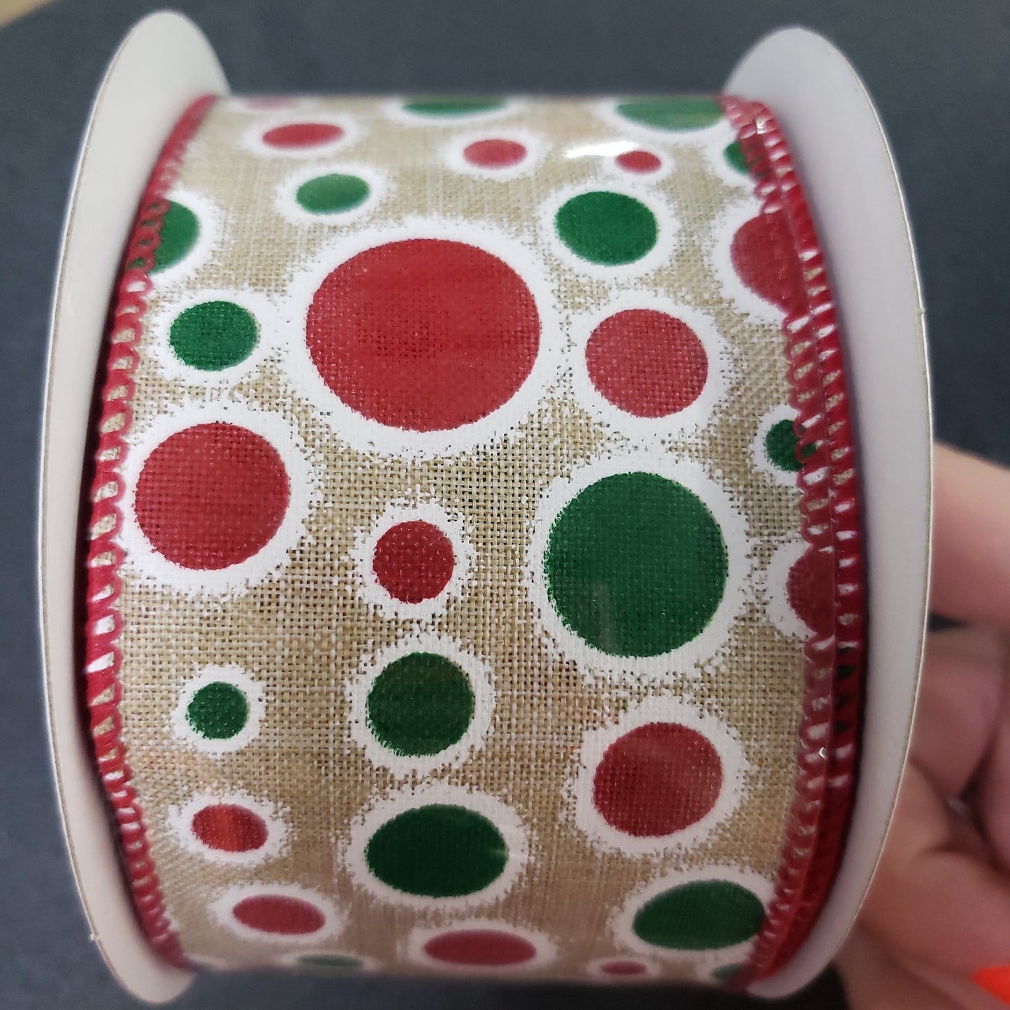 2.5" x 10 yard red and green polka dot ribbon