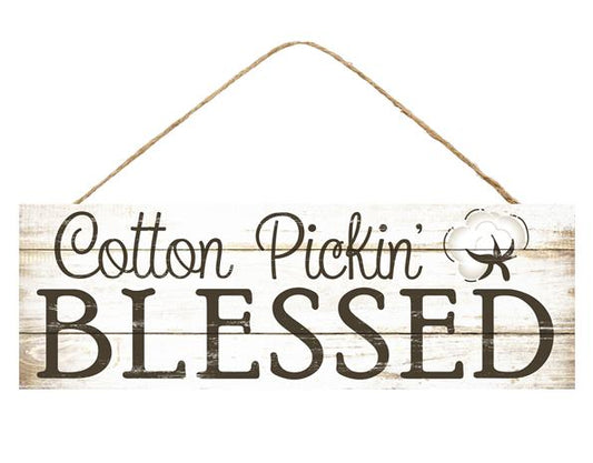 15"L X 5"H farmhouse Cotton Pickin' Blessed wood Sign   Cream Whitewash/Brown