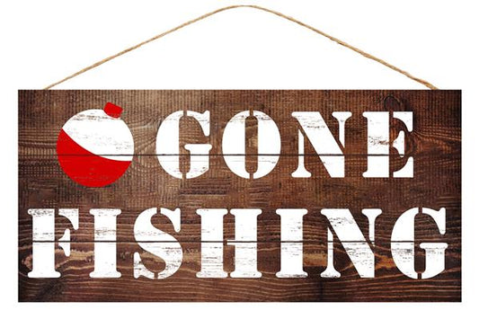12.5"L X 6"H Gone Fishing Brown/White/Red wood sign