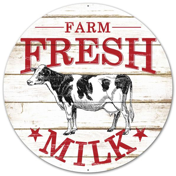 12"DIA farmhouse Farm Fresh Milk wood Sign   Red/Black/White