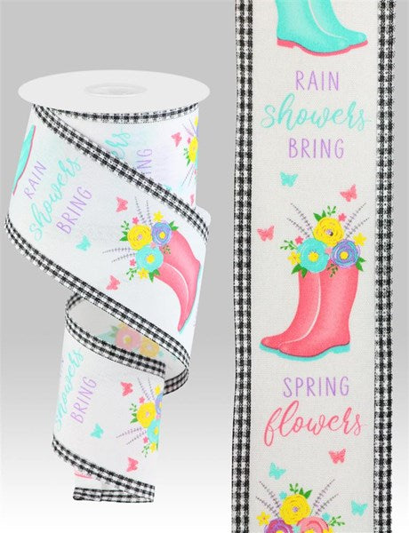 2.75"X10Y spring RAINBOOT/FLORAL with GINGHAM EDGE ribbon - white