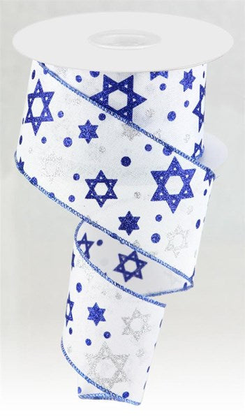 2.5"X10YD Jewish GLITTER STAR OF DAVID ON ROYAL burlap ribbon