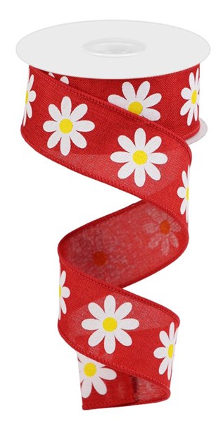 1.5"X10yd spring daisy ribbon - red