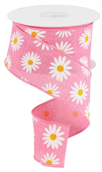 2.5"X10YD DAISY ON ROYAL burlap - light pink