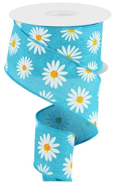 2.5"X10YD DAISY ON ROYAL burlap - blue