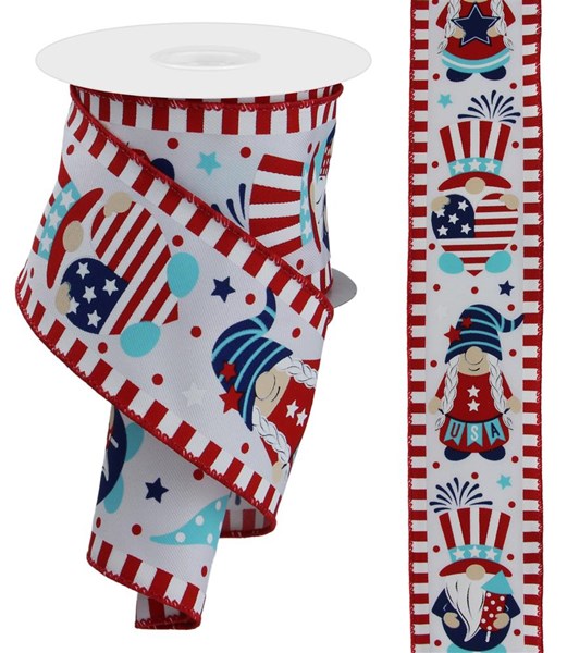 2.5"X10YD PATRIOTIC GNOMES ON DIAGONAL ribbon - white