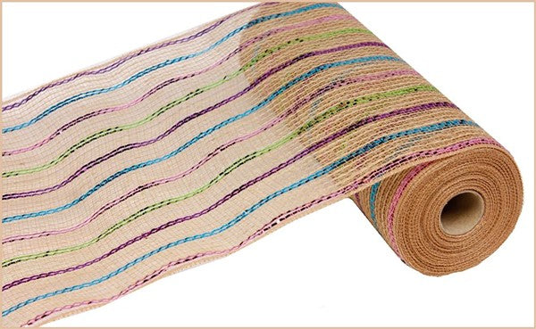 10.25"X10YD jute mesh with Pink/Blue/Purple metallic stripe mesh