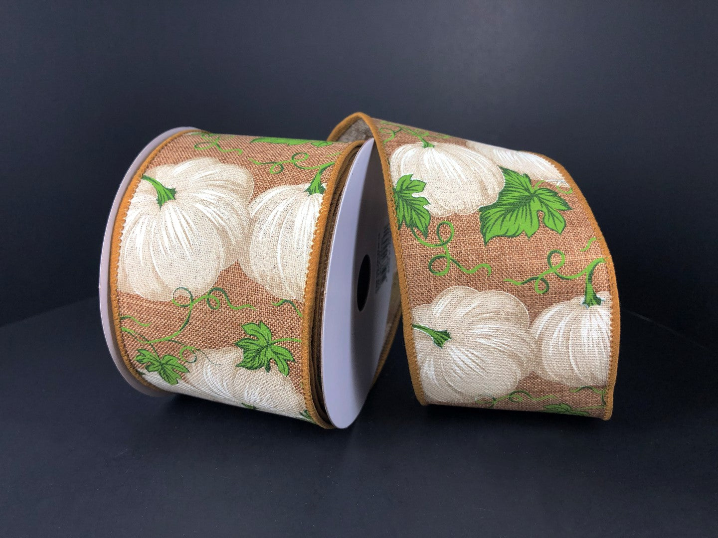 2.5" x 10 yards white pumpkins on natural wired ribbon