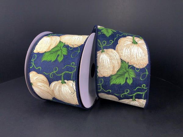 2.5" x 10 yards white pumpkins on blue wired ribbon
