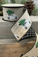 2.5" x 10yds faux linen car, tree, check back black-natural