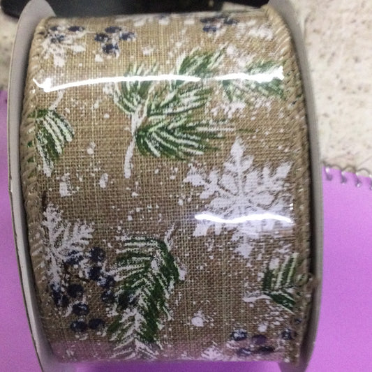 2.5” x 10 yds pine branches and snowflakes winter ribbon